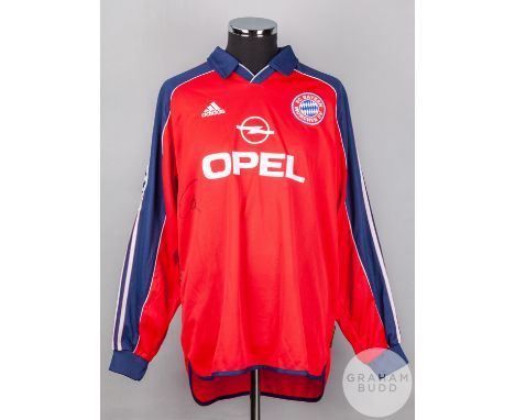 Markus Babbel red and blue No.2 Bayern Munich v. Rangers Champions League short-sleeved shirt, 1999, Adidas, XL with v-neck c