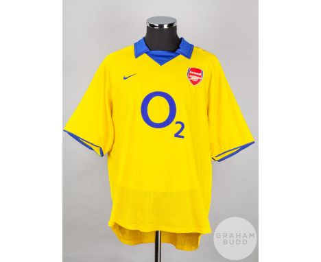Dennis Bergkamp yellow and blue No.10 Arsenal v. Rangers short-sleeved shirt, 2003-04, Nike, XL with v-neck collar and embroi