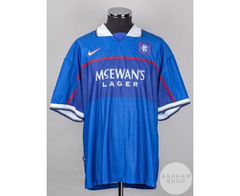 Ally McCoist blue and white No.14 Rangers short-sleeved shirt, 1997-98, Nike, XXL with v-neck collar and embroidered badge in