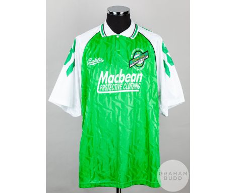 Gordon Hunter green and white No.6 Hibernian v. Rangers League Cup Final long-sleeved shirt, 1993, Bukta, 46/48 with button-u