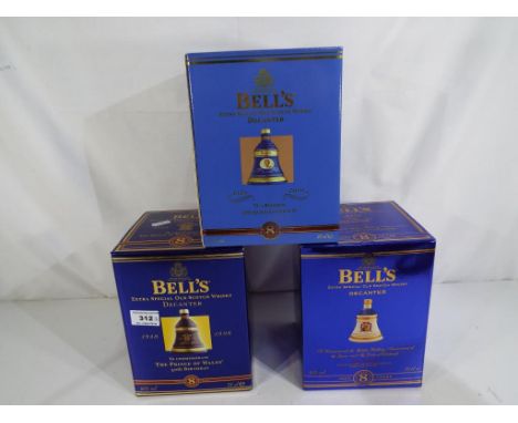 Bells Old Scotch Whisky - three Royal commemorative decanters containing 8 year old extra special Old Scotch Whisky, all mint