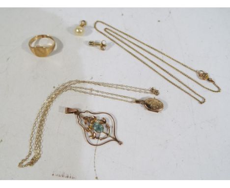 A hallmarked 9 ct gold ring stamped 375, a 9 ct rose gold stone set pendant, and a fine chain with locket stamped 375, a stud