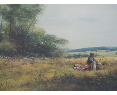 A colour print depicting two children seated in the meadow, issued in a limited edition with blind stamp lower left and artis