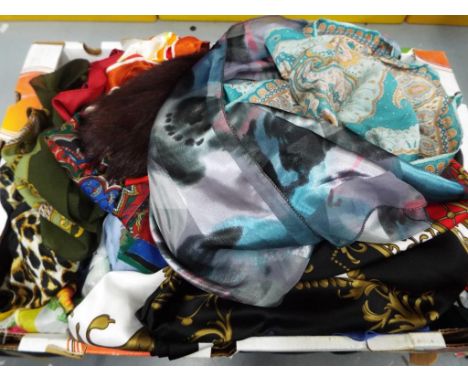 A box containing a quantity of approximately 47 vintage cotton and satin scarves to include Venezia for Tie Rack, Valentini, 