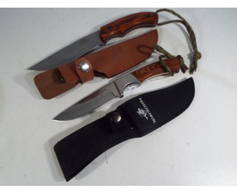 Two camping/hunting knives. A Propac camp knife with a stainless steel full tang coated blade (13 cm) with wooden handle. The