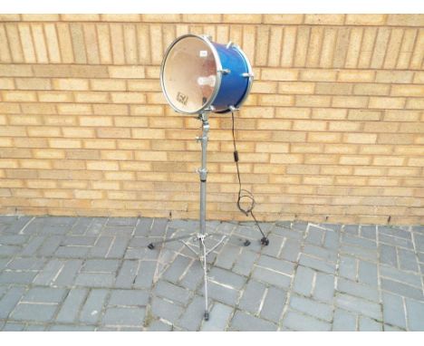 An original metallic blue Tom Tom drum with Pearl stand and skin marked Session Pro, converted into a standard lamp (working)