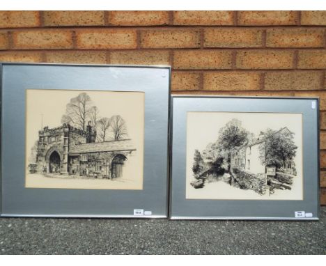E. Scott Jones - Two pencil drawings mounted and framed under glass, the first depicting a cottage beside a stream, the other