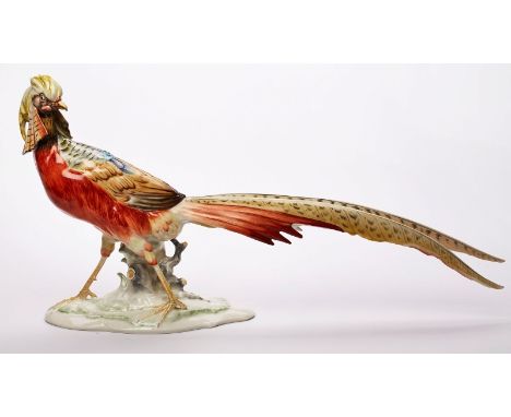 Goldfasan, Hutschenreuther 2. Hälfte 20. Jh.Entw.: Karl Tutter. Vogel in Schrittstellung auf naturalist. Ovalsockel m. Baumst