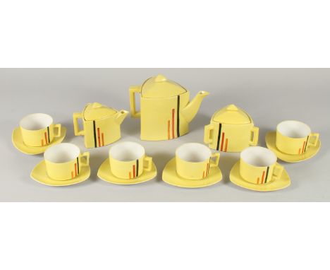 AN ART DECO YELLOW TEA SET, comprising large tea pot, small tea pot, sugar bowl, six cups and saucers.