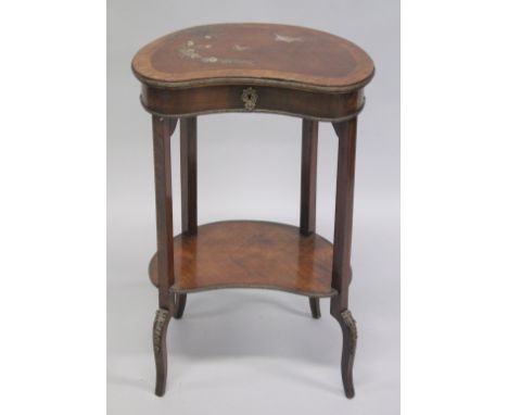 A GOOD SMALL 19TH CENTURY FRENCH KIDNEY SHAPED TABLE with rising top inlaid with mother of pearl, turned legs with undertier.