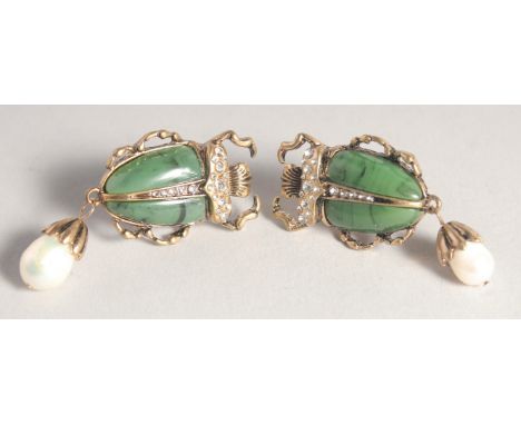 A PAIR OF JADE AND PEARL SCARAB EARRINGS.