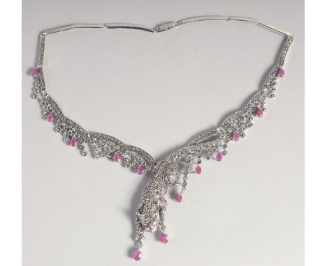 A SILVER AND RUBY MARCASITE DECO STYLE PANTHER NECKLACE.