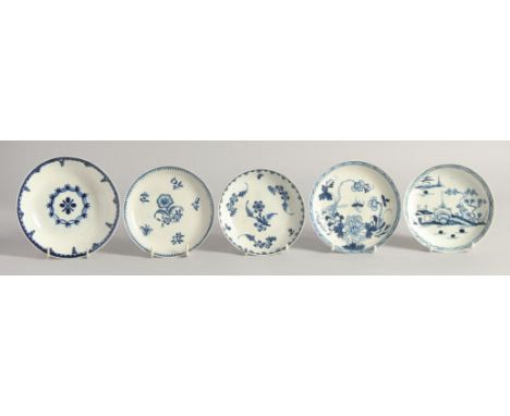 FIVE LIVERPOOL SAUCERS all painted in blue.