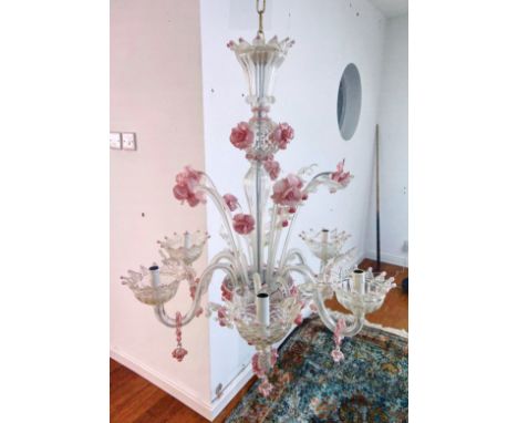 A LARGE PINK MURANO GLASS CHANDELIER in original box.