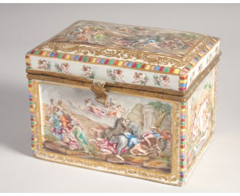 A CAPODIMONTE PORCELAIN BOX AND HINGED TOP decorated with classical panels. 6.5ins wide, 4.5in deep, 4.5ins high.