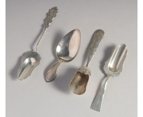 FOUR VARIOUS SILVER CADDY SPOONS.