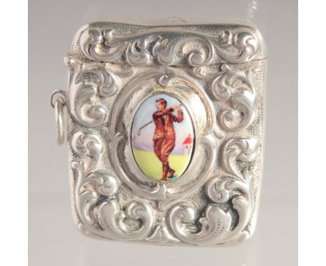 A VESTA with an oval in enamel of a golfer. 1.75ins x 1.5ins.