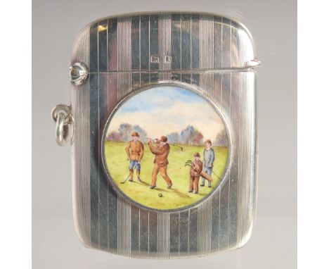A GEORGE V ENGINE TURNED SILVER VESTA with a circular enamel plaque, two golf players and two caddies. 2.25ins x 1.75ins. Bir