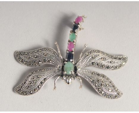 A SILVER RUBY, SAPPHIRE AND EMERALD MARCASITE DRAGONFLY BROOCH.