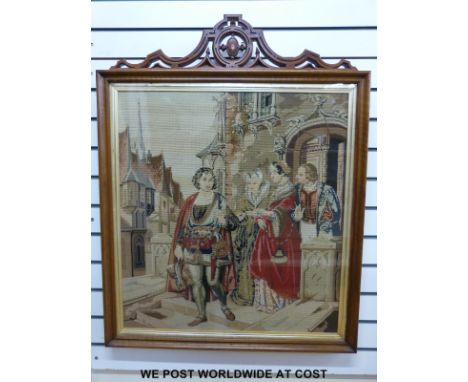 A large framed 19th / 20th century tapestry of a tudor scene with a lady being presented with a gold ring and a gentleman to 