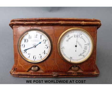 An 8 day crocodile leather cased Swiss travelling clock and barometer compendium, J.C.Vickery to their Majesties 179, 181, 18