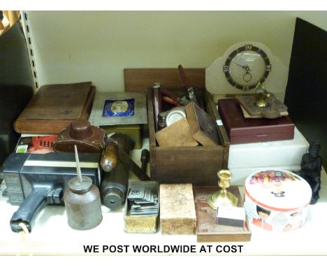 A quantity of collectables to include Videomaster Sportsworld vintage games console, telescope, camera, printing plates, cloc