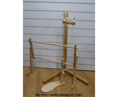 Embroidery stand with floor fitting, lap stand, multiple unopened embroidery kits and frames and a pair of unused John Lewis 