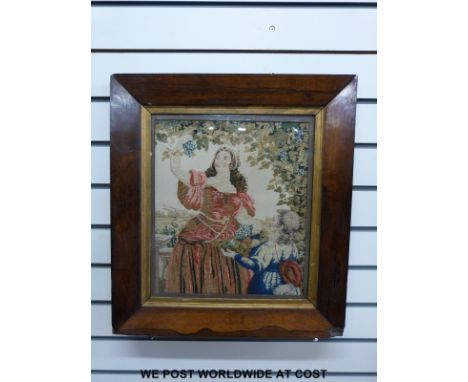 A 19th / 20th century framed tapestry of a lady picking grapes on a terrace with a boy holding a basket and formal gardens be