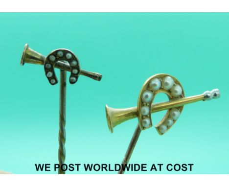 A Victorian stick pin in the form of a horseshoe and hunting horn set with seed pearls and marked 18ct, together with a simil