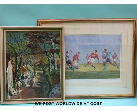 Gwenda Jones oil on board Welsh village landscape (50 x 40cm) together with a signed limited edition (387/500) football print