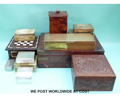 A collection of boxes including 19thC brass inlaid and bound campaign box with single drawer, onyx boxes, plated stamp box, c