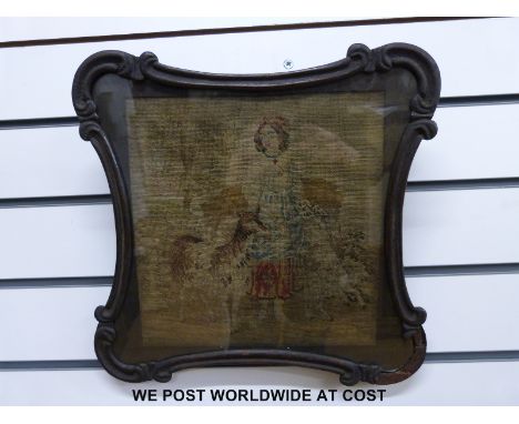 A 19th / 20th century framed tapestry of a young woman with a goat, in shaped period frame together with three bead work wall