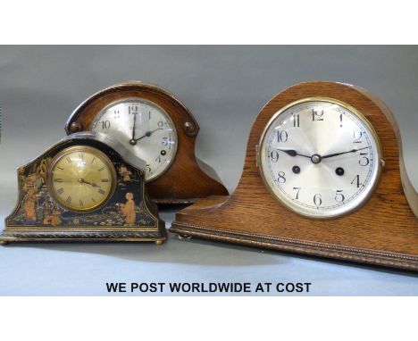 Three mantel clocks comprising a three train by Dark and Son Barnstaple, a two train 'Napoleon hat' example and a smaller chi