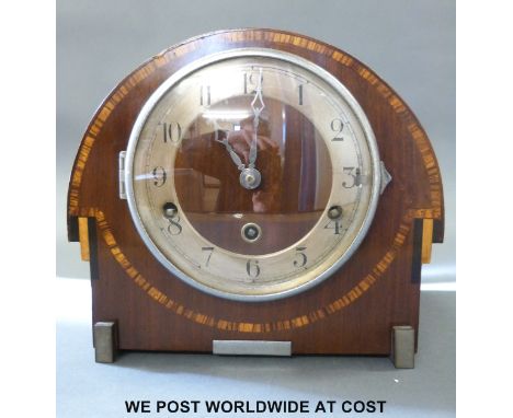A circa 1930's Art Deco style mantel clock with decorative inlay, FMS three train movement