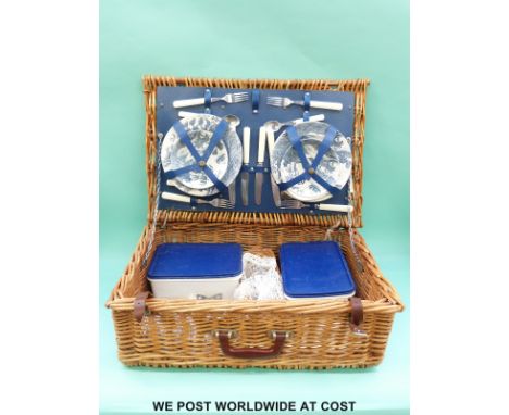 A wicker picnic hamper and contents, width 59cm