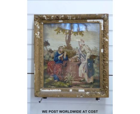 A 19th / 20th century tapestry of Jesus talking with a Samaritan woman at the well, from John Chapter 4