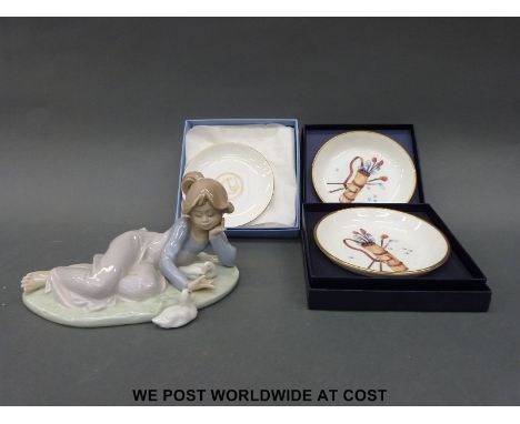 A Lladro figure, girl with ducks, boxed Worcester pin dishes decorated with golf clubs etc.