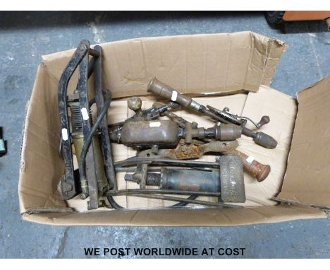 A quantity of tools to include a Dunlop Junior car foot pump, PCL Royal example, three hand drills and a plane 