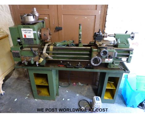 A Chester lathe with thread cutting facility, removable gap bed, 3 and 4 jaw chucks, faceplate, steadies, tool holders etc. E