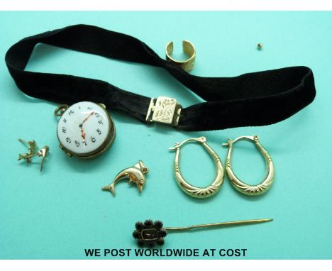 A pair of 9ct gold earrings, a yellow metal stick pin, Victorian choker, a locket set with a ceramic clock etc 