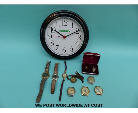 Eight wristwatches including Rotary, Newmark etc together with a Lucas service wall clock 