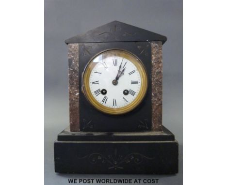 A 19th century two train architectural cased slate mantel clock with pink decorative marble insets, white enamelled dial havi
