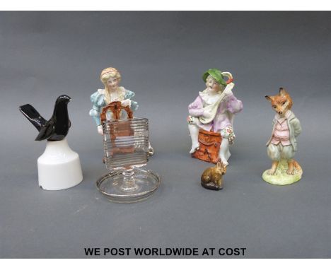 Beswick Beatrix Potter BP2 Foxy Whiskered Gentleman, Worcester pie funnel, two further figures and a glass match holder