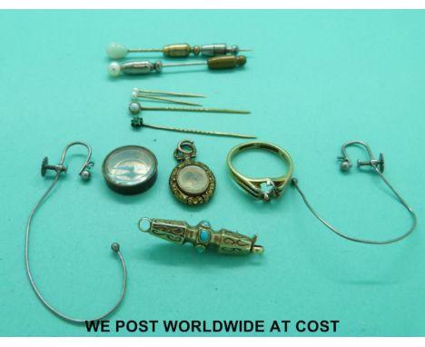 An 18ct gold ring (4.8g), an opal stick pin, various other yellow metal stick pins, earrings, turquoise set link etc