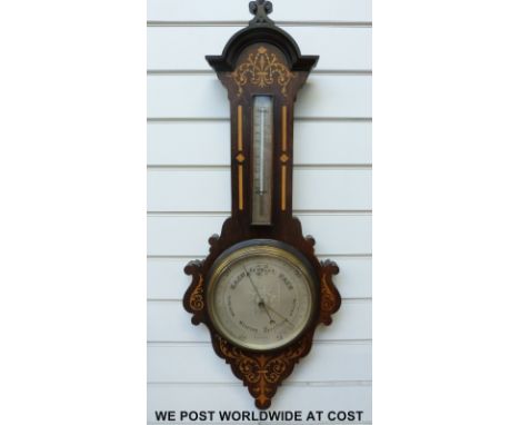 A 19thC holosteric wall barometer in rosewood case with Sorrento style inlaid decoration, the silvered dial with chased centr