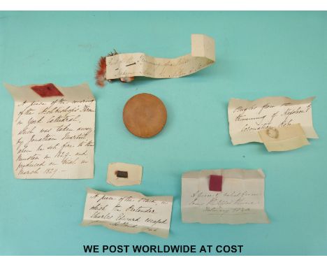 A collection of relics with explanatory notes: A piece of velvet from Louis Philippe's throne February 1848; a piece of the c