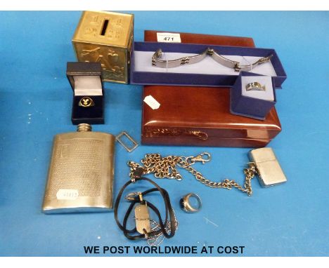 A quantity of silver and other jewellery including lighter on chain, hip flask, rings etc 