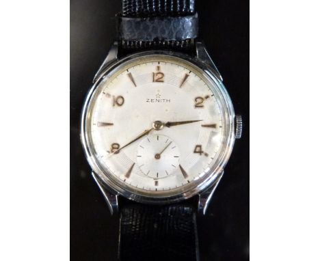 Zenith Art Deco gentleman's stainless steel wristwatch with inset subsidiary seconds dial gold hands and numerals and engine 