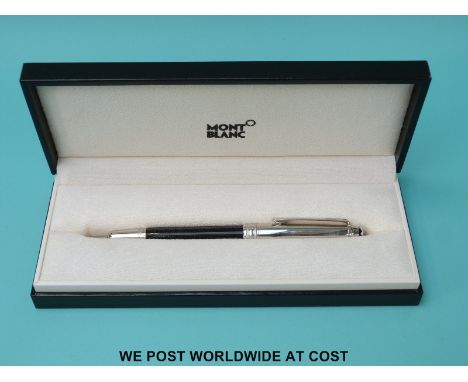 Montblanc Meisterstuck ballpoint pen with chrome cap and clip and engraved black resin barrel, in original box with service m