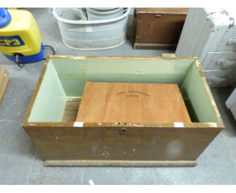 Wooden trunk and a wooden box marked Loyal Benevolent Lodge, possibly Masonic